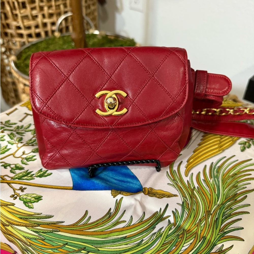 Chanel Red Crossbody Bag with Gold Accents